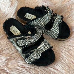 Nicole Miller New York Sparkle Jewel Studded Buckle Girly Slides Sandals